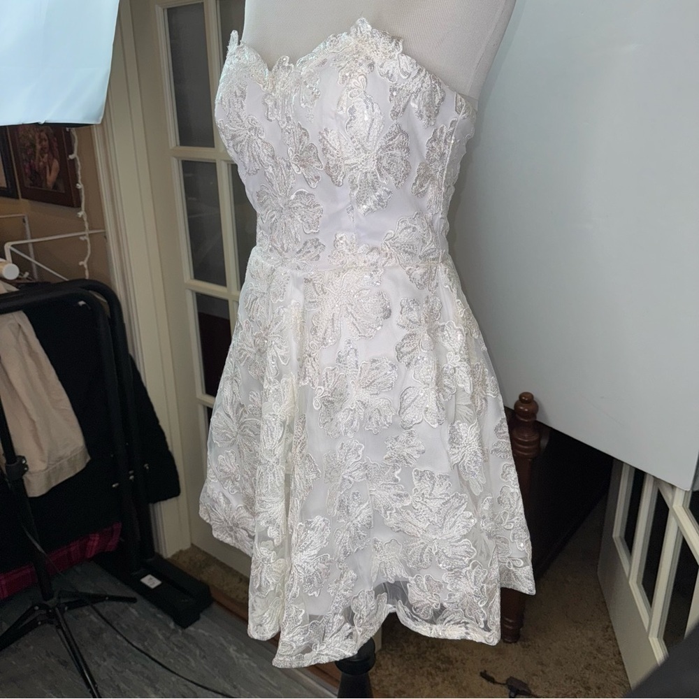 Miss Veil Wedding Lace Mini Dress Strapless Beach Wedding Prim Dance Organza Bow - Picture 3 of 16
